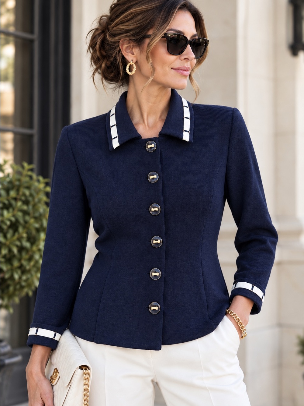 St. John Collection NWT Navy White Santana Knit Jacket Logo Buttons Size 10